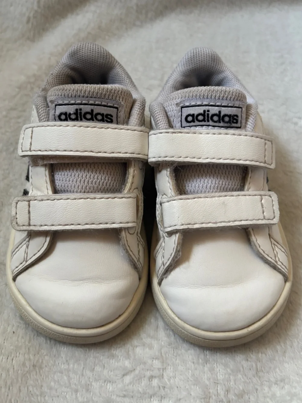 adidas Kids White Sneakers with Black Stripes Velcro